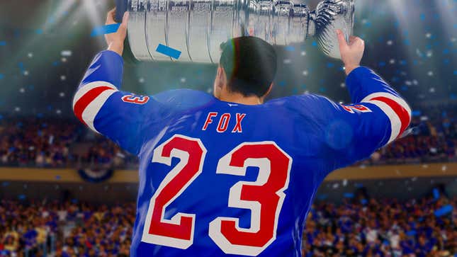 Adam Fox hoists the Stanley Cup overhead in NHL 25. 