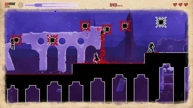 A pixelated girl fights through a platform covered in blood