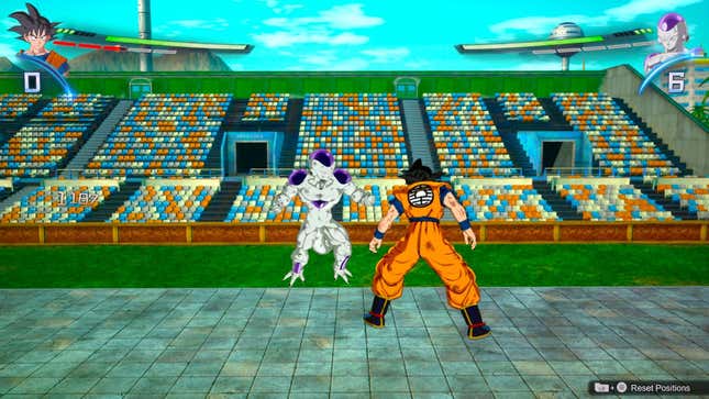 Goku is slightly hunched over in front of Frieza, with half of his ki gauge being red.