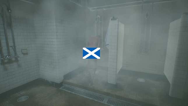 The player looks at a naked body in a shower stall with a Scottish flag censoring their behind.