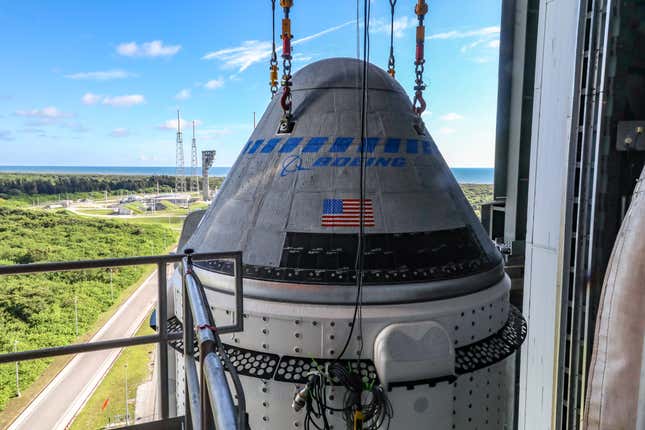 The Boeing CST-100 Starliner spacecraft is secured atop a United Launch Alliance Atlas V rocket