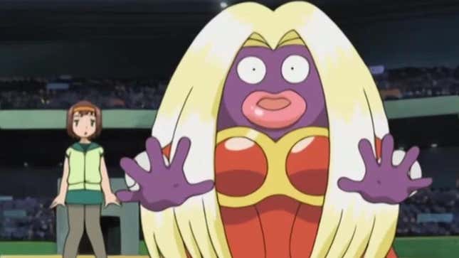 A trainer stands behind Jynx on a battlefield.