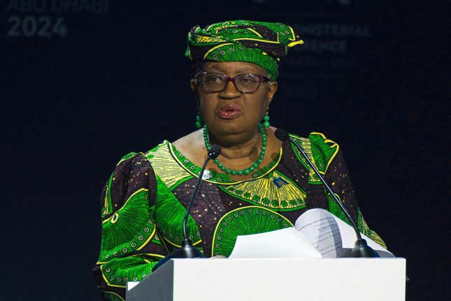 World Trade Organization Director-General Ngozi Okonjo-Iweala speaks at a WTO summit in Abu Dhabi, United Arab Emirates, Monday, Feb. 26, 2024. The World Trade Organization opened its biennial meeting Monday in the United Arab Emirates as the bloc faces pressure from the United States and other nations ahead of a year of consequential elections around the globe. (AP Photo/Jon Gambrell)