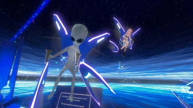 An alien and human avatar fly in VRChat using blue wings.