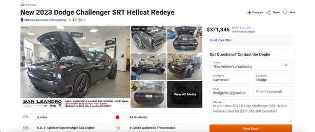 Image for article titled Dodge Dealer Marks Up 2023 Challenger SRT Hellcat Redeye To Astonishing $371,346