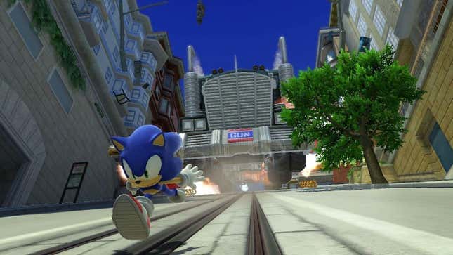 Sonic runs away from a huge truck.