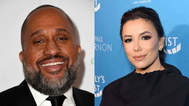 Kenya Barris attends the 30th annual Producers Guild Awards on January 19, 2019; Eva Longoria attends EMILY’s List Brunch and Panel Discussion “Defining Women” on February 04, 2020.