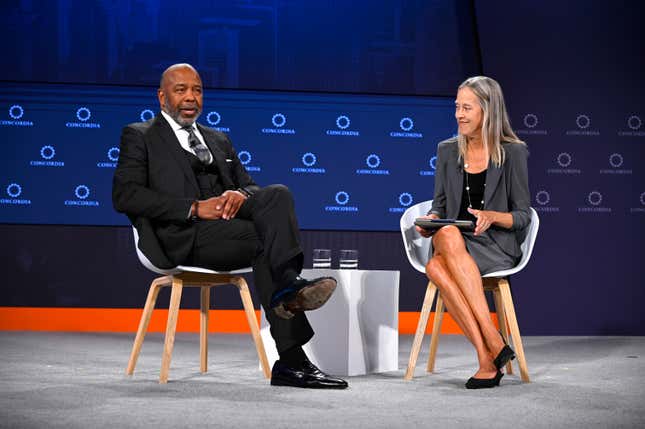 NEW YORK, NEW YORK - SEPTEMBER 20: (L-R) Dr. Bernard Harris, CEO, National Math and Science Initiative, and Wendy Kopp, CEO and Co-Founder, Teach For All speak on stage for Strengthening Stem - Increasing Global Competitiveness during The 2022 Concordia Annual Summit - Day 2 at Sheraton New York on September 20, 2022 in New York City. 