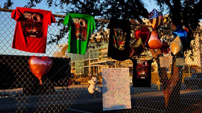 Shirts, balloons and letters are seen outside of the canceled Astroworld festival at NRG Park  in Houston, Texas. According to authorities, 8 people died and 17 people were transported to local hospitals after what was described as a crowd surge at the festival, started by Houston-native rapper and musician Travis Scott in 2018. 