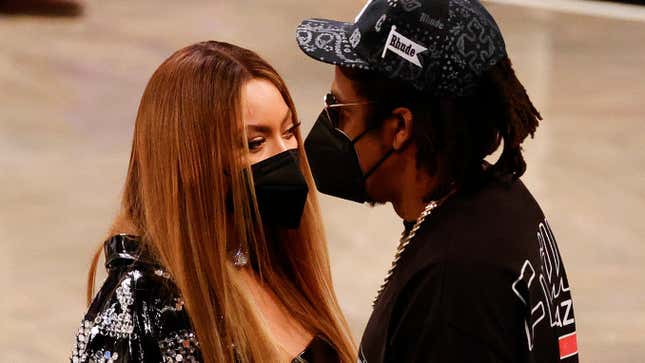 Beyoncé and Jay-Z at Game One of the Eastern Conference between the Brooklyn Nets and the Milwaukee Bucks at Barclays Center on June 05, 2021 in New York City. 