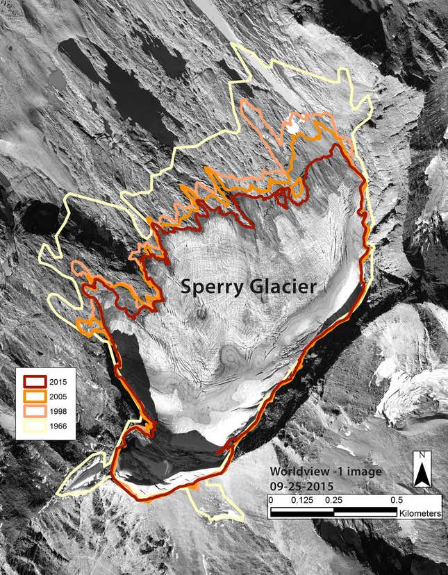The changing perimeter of Sperry Glacier in Glacier National Park, shown in 1966,1998, 2005, and 2015. This is from the paper that two Interior Department appointees took issue with.