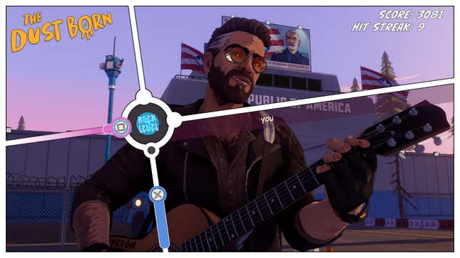 Theo plays guitar with Dustborn's rhythm game UI at the forefront. 