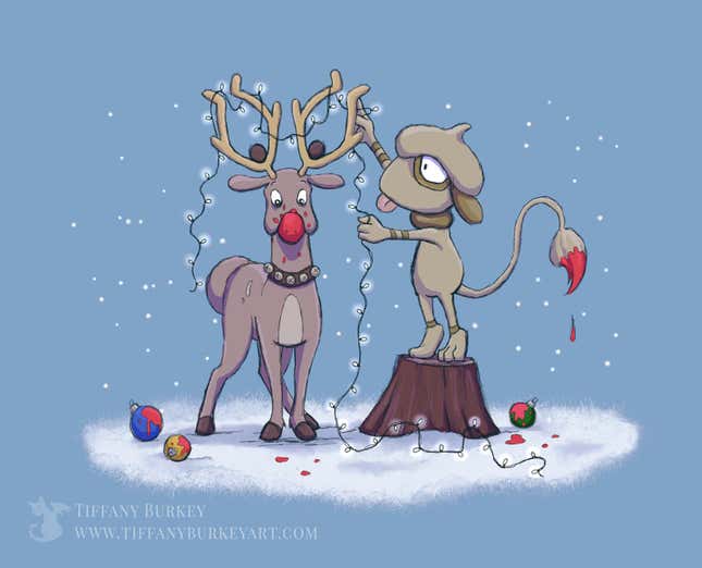 Image for article titled Stantler Pulls Santa's Sleigh And Has Magical Antlers That Warp Reality