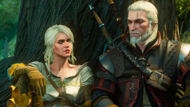 Geralt and Ciri sit under a tree waiting for the next hotfix. 