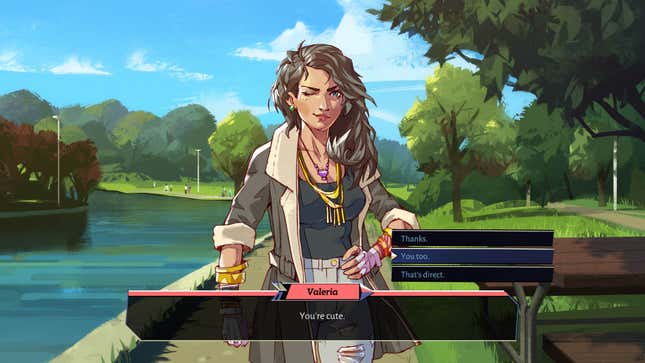 Valeria winks at the player while standing next to a pond in Boyfriend Dungeon on Xbox Game Pass.