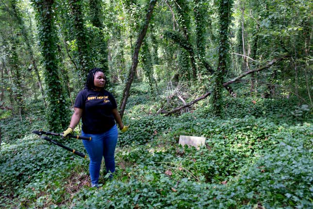 RICHMOND, VA - SEPTEMBER 17: Volunteers help to clean up and remove overgrowth in Richmond’s East End cemetery, an historical black cemetery that was so neglected by the city that many of the graves have disappeared in the foliage, September 17, 2016.