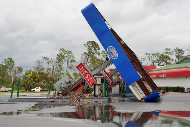 A view shows a gas station destroyed after the arrival of Hurricane Idalia in Perry, Florida, U.S., August 30, 2023.