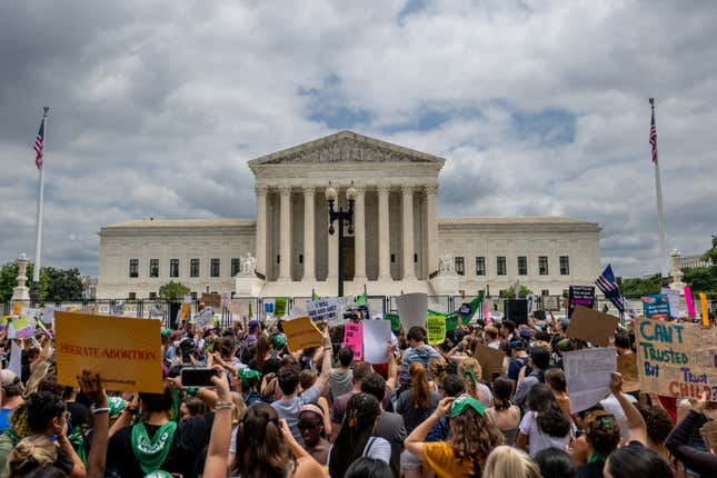 eople protest in response to the Dobbs v Jackson Women's Health Organization ruling in front of the U.S. Supreme Court.