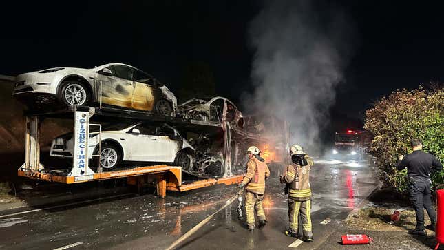 Six Teslas burned on a trailer after one of them caught on fire due to unknown reasons in Istanbul, Turkiye, on October 06, 2023. 