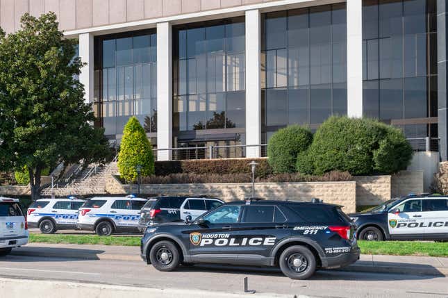 HOUSTON, TEXAS - FEBRUARY 11: Emergency vehicles line the feeder road outside Lakewood Church during a reported active shooter event Sunday, Feb. 11, 2024 in Houston. 