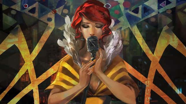 An art deco style singer with red hair sings into a mic