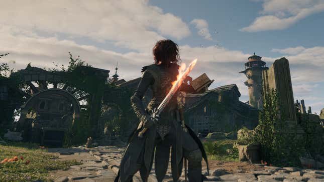 An image showing a character wielding the Last Light of Day sword in Avowed.