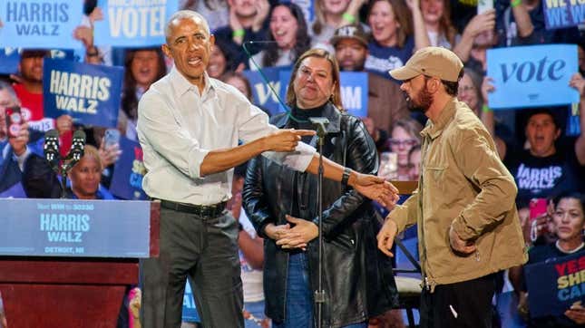 Image for article titled WATCH: Obama Channels Eminem For His Rapping Debut at a Detroit Kamala Rally, But Did He Nail It?