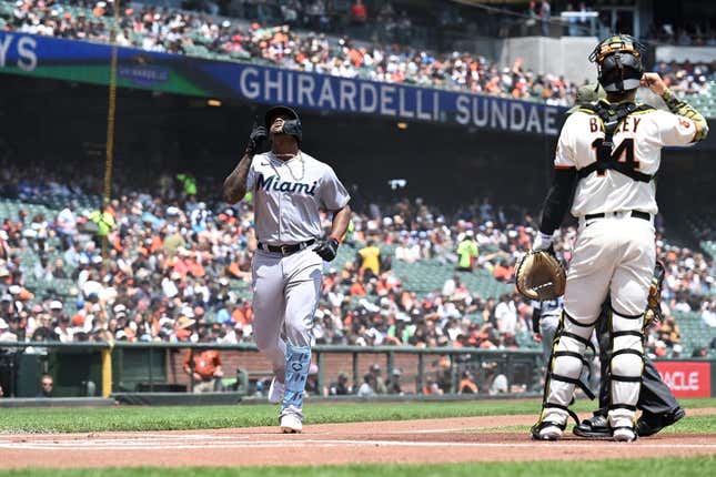 Miami Marlins designated hitter Jorge Soler (12) in the third