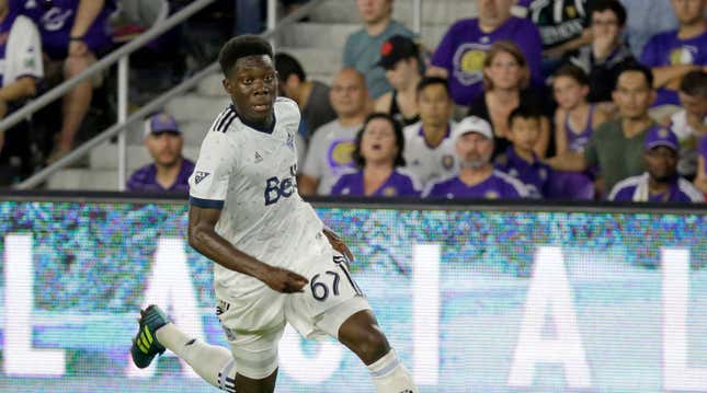 Alphonso Davies playing for Vancouver Whitecaps in Major League Soccer.