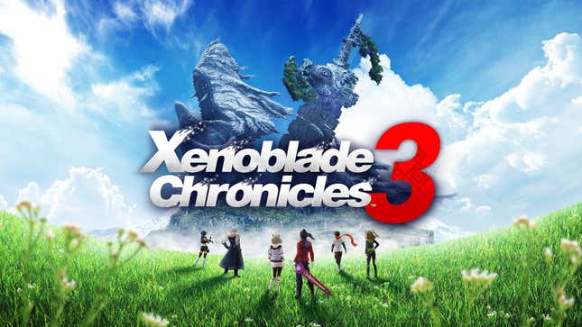 The Xenoblade Chronicles 3 cast walks toward a large stone structure.