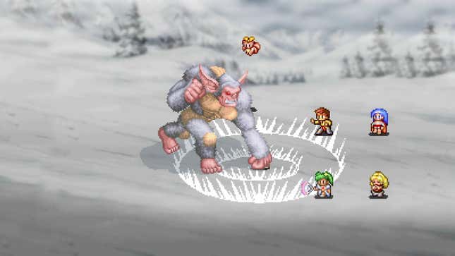 The party fights a creature in the snow.