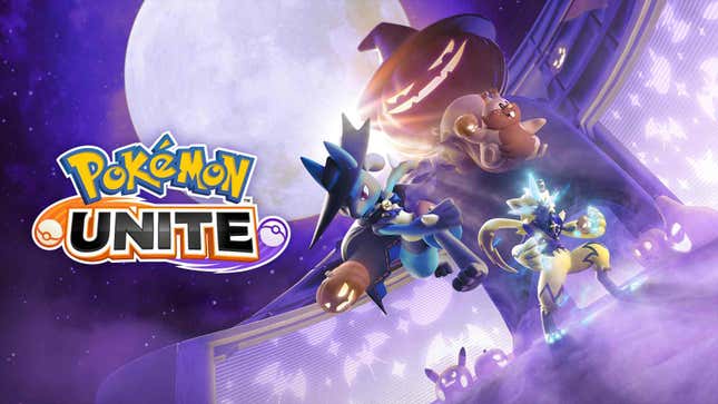 A Pokemon Unite logo next to Halloween themed Lucario, Greedent, and Zeraora.