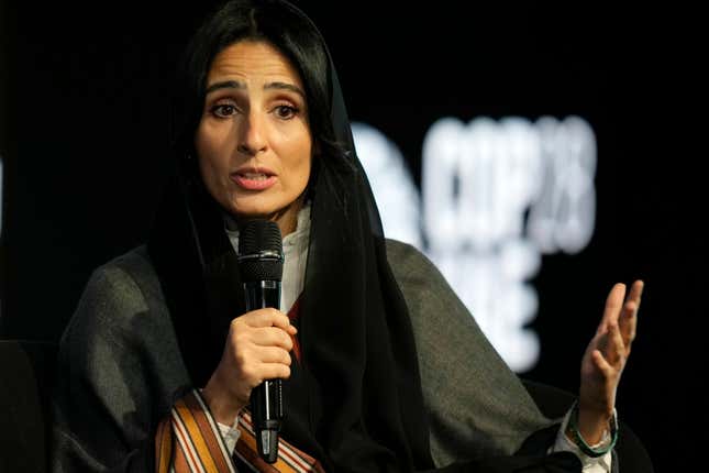 UAE&#39;s U.N, Climate Change High-Level Champion Razan al-Mubarak talks during the Climate Future Week at Museum of the Future in Dubai, United Arab Emirates, Saturday, Sept. 30, 2023. (AP Photo/Kamran Jebreili)