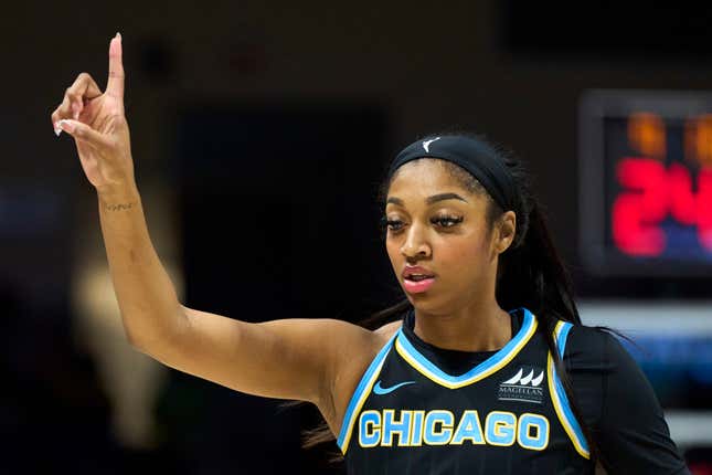 Angel Reese #5 of the Chicago Sky reacts after a play against the Dallas Wings at the College Park Center on May 15, 2024 in Arlington, Texas.