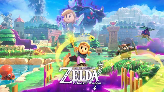 The Echoes of Wisdom key art shows Zelda casting a spell with Hyrule in the background.