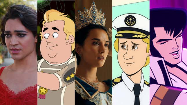 De gauche à droite : Glamorous (Photo : Netflix), Farzar (Image : Netflix), Shadow And Bone (Photo : Dávid Lukács/Netflix), Captain Fall (Image : Netflix), Agent Elvis (Image : Netflix)