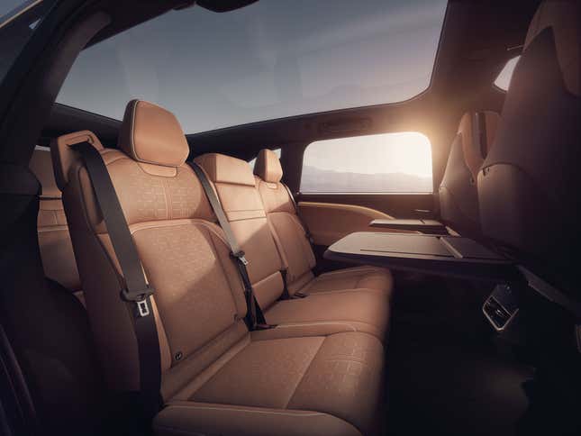 Rear seats in camel brown Lucid Gravity electric SUV 