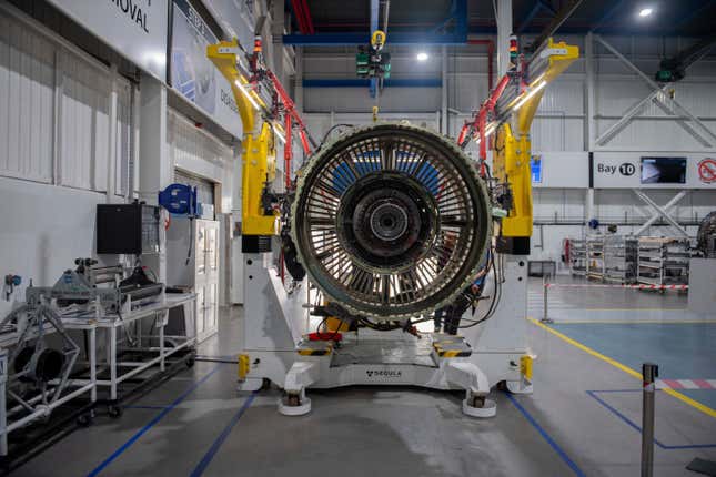 Aircraft parts are placed for repair inside Safran Aircraft Engines repair plant outside of Casablanca, Morocco, Thursday, April 18, 2024. Moroccan officials are aiming to turn the country into an aerospace hub, luring investors and manufacturers who have aimed to spread out their supply chains and find willing workers since the COVID-19 pandemic. (AP Photo)