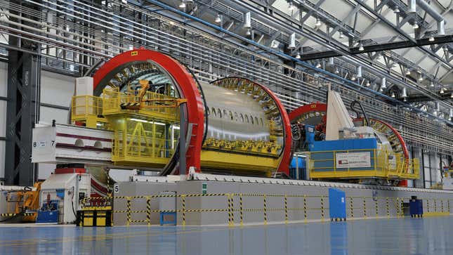 A Boeing 787 Dreamliner fuselage under construction at a Leonardo facility