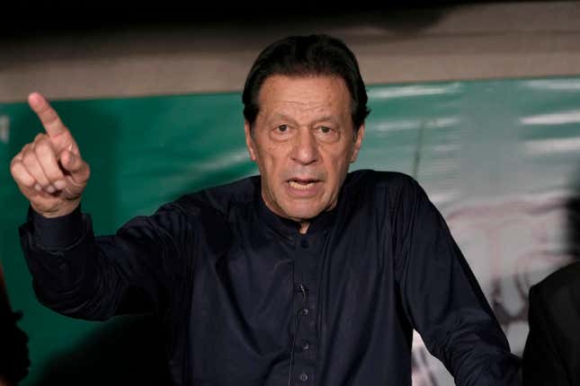 FILE - Pakistan&#39;s former Prime Minister Imran Khan speaks during a news conference at his home, in Lahore, Pakistan, Thursday, May 18, 2023. Pakistan is holding elections for a new parliament on Thursday. No less than 44 political parties are vying for a share of the 266 seats that are up for grabs in the National Assembly, or the lower house of parliament, with an additional 70 seats reserved for women and minorities. (AP Photo/K.M. Chaudary, File)