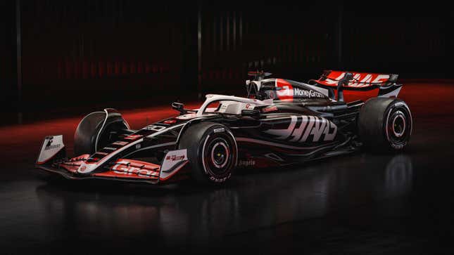 A photo of the black and white Haas F1 car. 