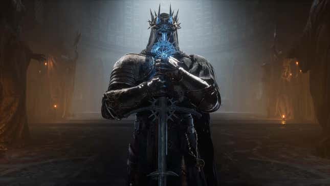 A knight is seen holding a sword in a dark room while sunlight enters from the ceiling.