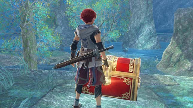 A boy with red hair looks down at a large red treasure chest.