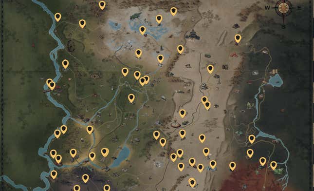 A map shows power armor locations in Fallout 76. 