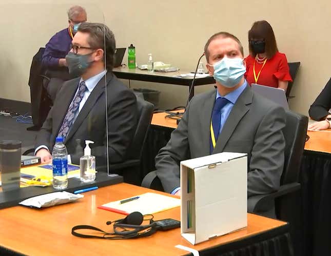 In this image from video, defense attorney Eric Nelson, left, and former Minneapolis police officer Derek Chauvin listen as Hennepin County Judge Peter Cahill presides over pre-trial motions prior to opening statements, Monday, March 29, 2021.