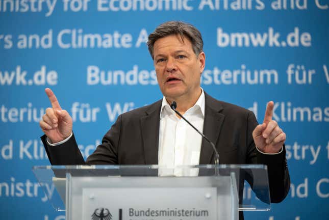 Robert Habeck, Federal Minister for Economic Affairs and Climate Protection, speaks at a press conference to present the key points of the Carbon Management Strategy (CMS) and the draft bill for the amendment to the Carbon Dioxide Storage Act in Berlin, Germany, Monday Feb. 26, 2024. Germany plans to enable underground carbon storage at offshore sites, pushing ahead with a much-discussed technology in an acknowledgement that time is running out to combat climate change, Habeck said Monday. (Monika Skolimowska/dpa via AP)