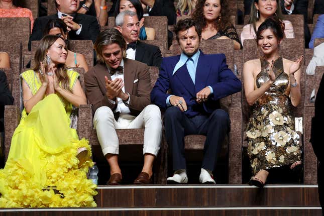 (L-R) Olivia Wilde, Chris Pine, Harry Styles and Gemma Chan attend the Campari Passion For Film 2022 Award during the 79th Venice International Film Festival on August 31, 2022 in Venice, Italy.