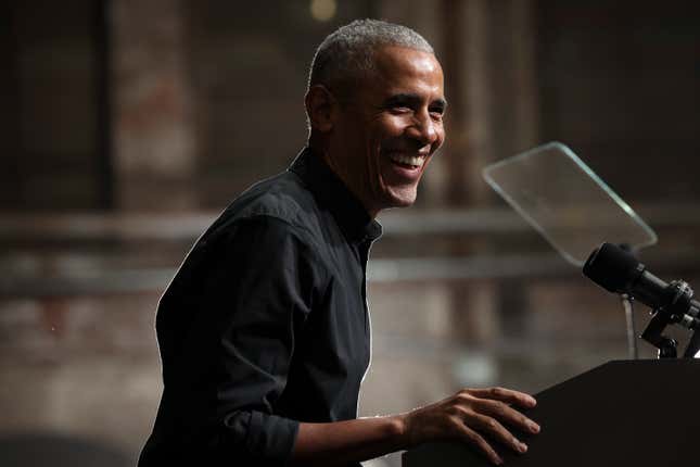 ATLANTA, GEORGIA - DECEMBER 01: Former U.S. President Barack Obama campaigns for Georgia Democratic Senate candidate U.S. Sen. Raphael Warnock (D-GA) at a rally December 1, 2022 in Atlanta, Georgia. Sen. Warnock continues to campaign throughout Georgia for the runoff election on December 6 against his Republican challenger Herschel Walker.