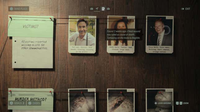 A closeup of photos on a wall in Saga's mind place, detailing victims in a spate of murders.
