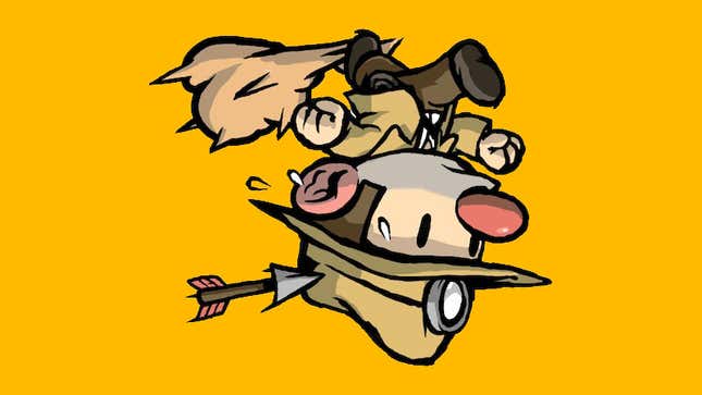 The main character from Spelunky, upside down, with an arrow in his hat.